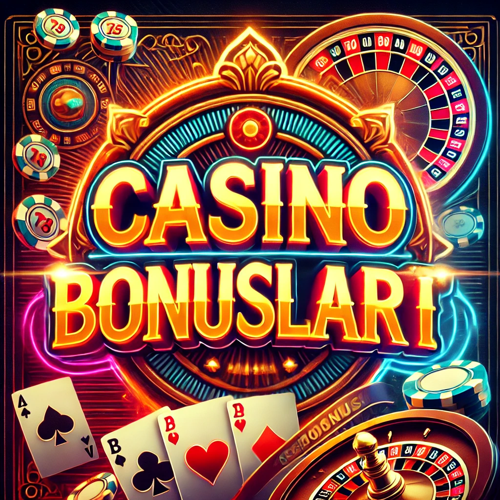 Altın harflerle yazılmış “Casino Bonusları” metni, slot makineleri, poker fişleri, iskambil kartları ve dönen rulet çarkı içeren neon ışıklı bir casino sahnesi.